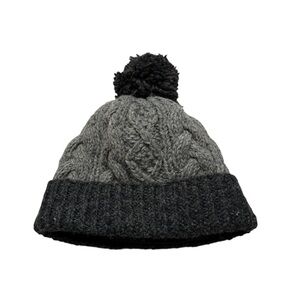 Aran Sweater Market 100% Wool Hat Chunky Cable Knit Charcoal Gray Pom Pom